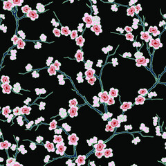 Cherry pink flowers in blossom and branches seamless vector pattern on black background. 