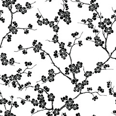 Black and white seamless vector pattern of cherry flowers in blossom and branches on white background.