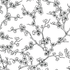 Black and white seamless vector pattern of cherry flowers in blossom and branches on white background.