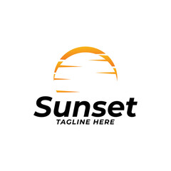 Retro sunset above the sea or ocean with sun and water silhouette. Vintage styled summer logo or icon design isolated on white background. Vector illustration.