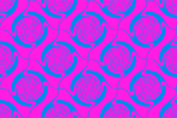 Vector seamless abstract pattern of circular swirling shapes in modern colorful vaporwave pink and blue minimal style of the 60s and 70s.