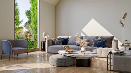 Illustration 3D rendering large luxury modern bright interiors Living room mockup computer digitally generated image