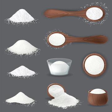 Salt realistic set of isolated icons piles of edible salt of different fracture with salt cellars. 3D food seasoning in bottle and spoon. Culinary spice mockup.