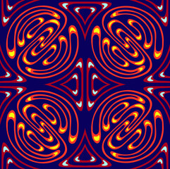 Psychedelic colorful seamless vector pattern in the 60's and 70's style with tiled swirling red lines on dark brown background.