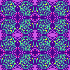 Psychedelic colorful seamless vector pattern in the 60's and 70's style with tiled swirling green and red lines on dark burgundy  background.