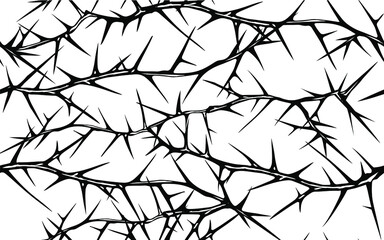 Hand drawn vector seamless black and white pattern of tangled horizontal briar patch with stems and thorns. - obrazy, fototapety, plakaty