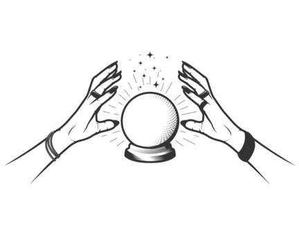 Hands of soothsayer over fortune-teller glass ball, witch prediction magic sphere, vector
