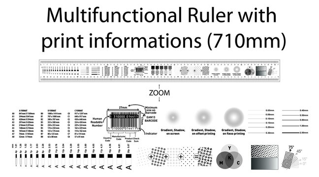 Real size of multifunctional Ruler with print informations 710mm, barcode with all information, paper size format, thickness of line and text, gradient and more