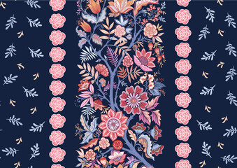 Seamless pattern with stylized ornamental flowers in retro, vintage style. Colored vector illustration on navy blue background.