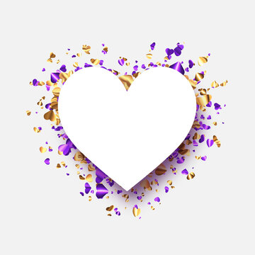 Golden and purple foil hearts confetti heart shape frame with space for text.