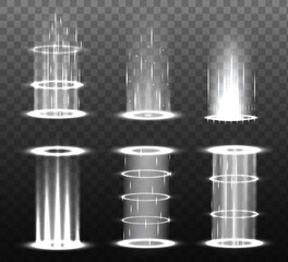 Teleport light effects vector illustration, various sci-fi or magical portals isolated on a transparency background. White energy circles and rays on. Level up effect.