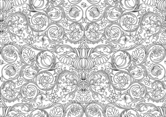 Fantasy flowers in retro, vintage, embroidery style. Seamless pattern, background. Outline hand drawing vector illustration.