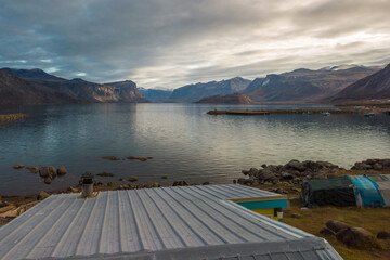 Early morning before sunrise in Pangnirtung fjord, in remote Inuit community of Pangnirtung, Baffin...