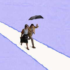 Contemporary art collage of man and woman going together with umbrella on blue background