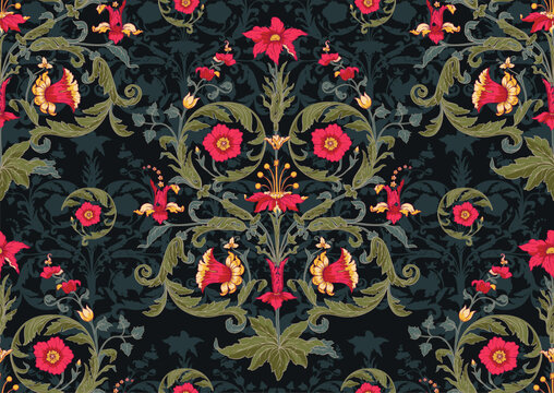Seamless pattern with stylized flowers In baroque, rococo, victorian, renaissance medieval style. In decorative style. Ethnic patterned ornate hand drawn.medieval style. Vector illustration.