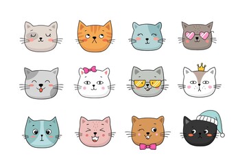 Obraz premium Cute cats faces set. Collection of cartoon animals isolated on a white background. Hand-drawn vector illustration.