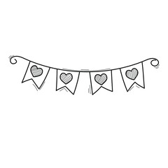 Garland of flags. Doodle hand drawn heart bunting flag. Stock black and white line art illustration on a white background.
