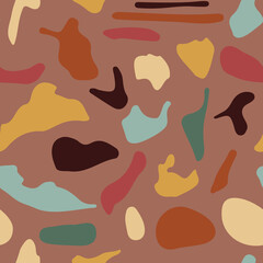 Modern abstract geometric collage shapes seamless pattern. Terracotta background