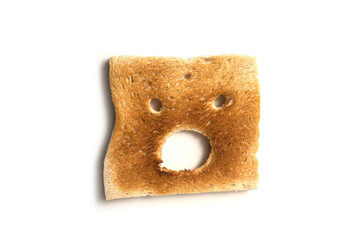 Closeup of expressive toasted slices of bread on white background