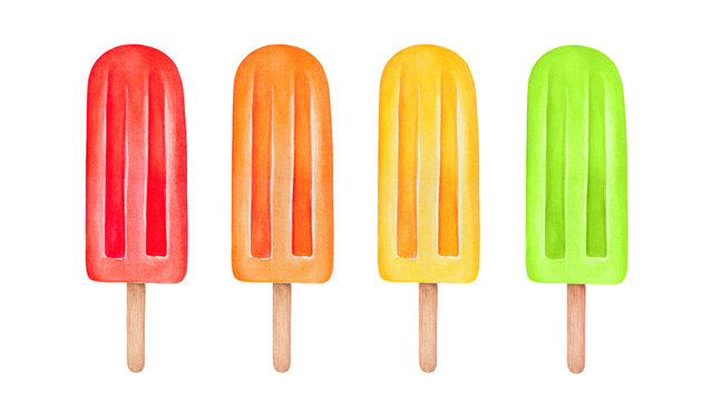 Watercolor popsicle collection in various colors: red, orange, yellow and green. Hand painted graphic drawing, isolated clipart elements for design decoration, fun card, modern print, summer stickers.