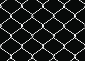 Vector seamless pattern of white chain link mesh chicken wire fence protection on black background.