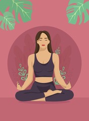 Young woman sitting in yoga lotus pose on red bg