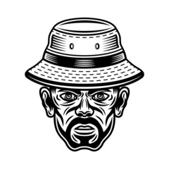 Fisherman in bucket hat with bristle vector character illustration in monochrome vintage style isolated on white background