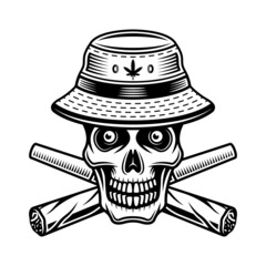 Skull in bucket hat and two crossed weed joints. Vector illustration in vintage monochrome style isolated on white background