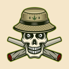 Skull in bucket hat and two crossed weed joints. Vector illustration in vintage colorful style on light background