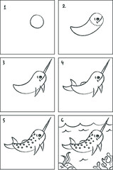 Narwhal drawing instruction and coloring book © Маргарита Забирова