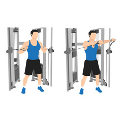 Fototapeta na wymiar Man doing standing cable chest press exercise, Flat vector illustration isolated on white background. Chest workout