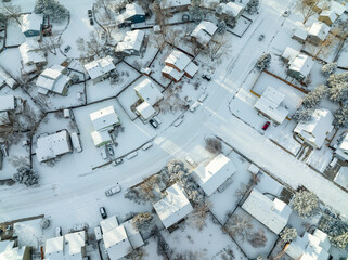 residential street in Fort Collins, Colorado after snowstorm, aerial view