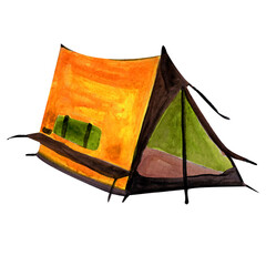 Fototapeta watercolor tent green with orange tourist with an open entrance obraz