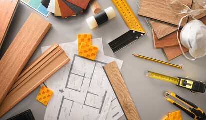 Parquet Installer work desk with interior project and tools