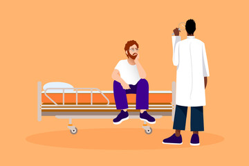 Doctors consultation, Man sitting on a hospital bed 