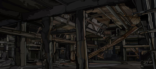 Fototapeta na wymiar gloomy background of ruins inside an abandoned building