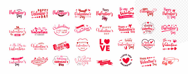 Happy Valentines Day Typography Bundle. Be My Valentine Text Design With Vector Illustrations. 