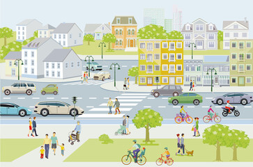 Stadtsilhouette mit Personen auf dem Zebrastreifen und Straßenverkehr, Illustration