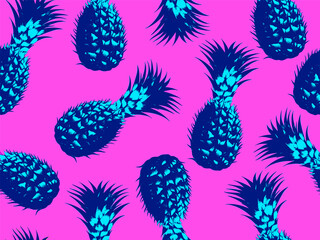 Seamless vector pop art pattern of blue pineapples randomly scattered on pink background in vaporwave style design.