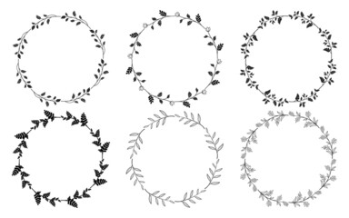 Set of hand drawn doodle round floral wreaths frames. Flower line and leaf circle frames design elements for wedding, mothers day, birthday, invitations.