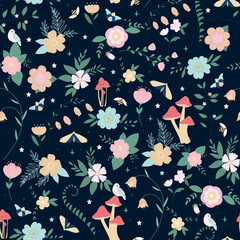 Summer wildflowers, floral seamless pattern with colorful flowers and abstract green plants on black background. Delicate pattern print for textile or wrapping paper.