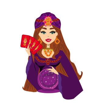 beautiful Fortune teller woman reads cards and the crystal ball