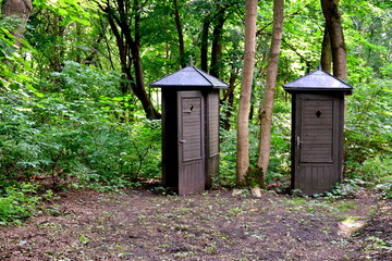 A view of two wooden toilets for outdoor use spotted in the middle of a dense forest or moor with opened doors and angled roofs made out of tin seen on a sunny summer day in Poland