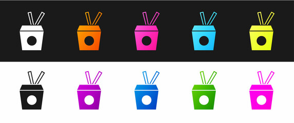Set Asian noodles in paper box and chopsticks icon isolated on black and white background. Street fast food. Korean, Japanese, Chinese food. Vector