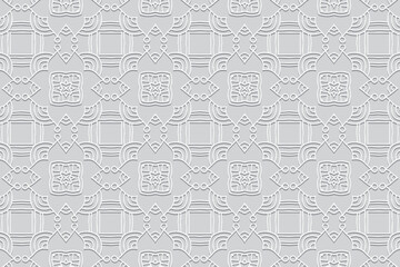 Artistic embossed white background. Elegant geometric 3D pattern with handmade elements. Ethnicity of the peoples of the East, Asia, India, Mexico, Aztec. Cover design for creativity.