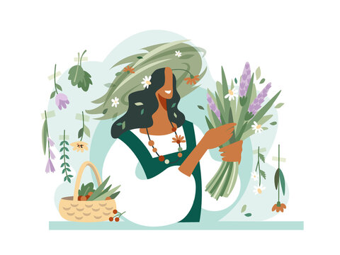Silhouette of a woman in a wreath of herbs and flowers with a bouquet of plants and flowers. Collection of herbarium, medicinal herbs. Aromatherapy, herbal tea, herbal tea.