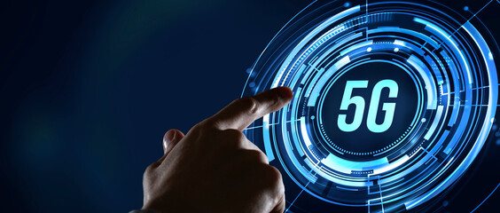 Internet, business, Technology and network concept. The concept of 5G network, high-speed mobile Internet, new generation networks. Virtual button.