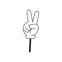 Hand in a white glove showing two fingers. Peace sign.Trendy retro cartoon stickers.