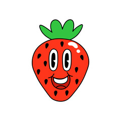 Cartoon strawberry with face. Trendy retro cartoon stickers. Сomic character.