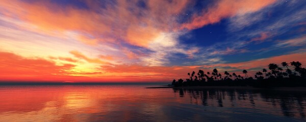 Fototapeta na wymiar Beautiful sunset over water, Seascape at sunset, ocean surface under the sky with clouds, 3D rendering